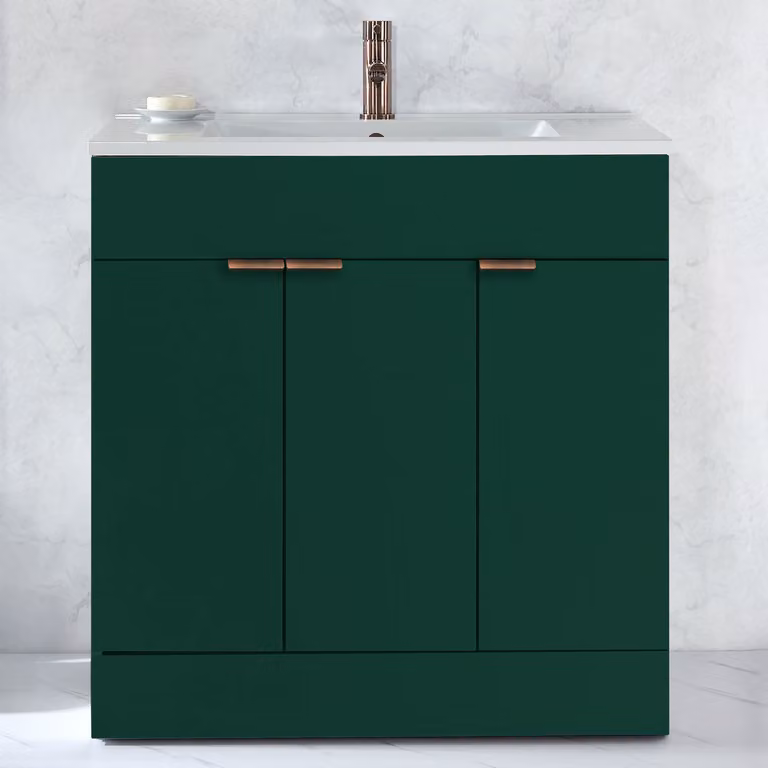 Mobile Bagno a Terra Verde Scuro da 810mm con Lavabo e Maniglie con Impugnatura a Dito in Bronzo Spazzolato - Cluo