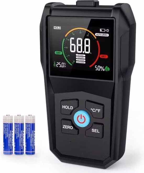 Misuratori di umidità elettrici per muri - Misuratori di umidità in legno con custodia portaoggetti - Termometro - Include batterie - Precisi per lavori di intonaco