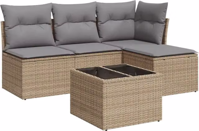 Set Divano da Giardino Outsunny 5 Pezzi a Forma di L con Tavolino e Ottoman, Colore Grigio e Beige, Struttura in Metallo e Polyrattan – 1