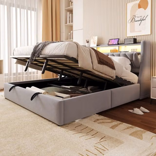 Letto imbottito contenitore matrimoniale ¨C Minimal ¨C Grigio chiaro velluto 180x200cm con led testiera idraulico