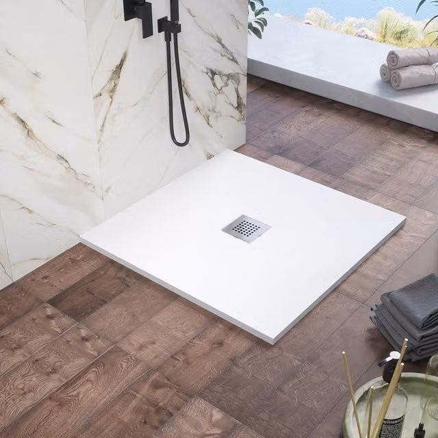 Piatto doccia quadrato Kos in marmoresina bianco effetto pietra antiscivolo L/P: 80 x 80 cm