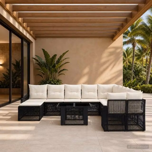 Set Divano da Giardino 12 pz vidaXL in Polyrattan con Cuscini Nero e Bianco Crema – 1