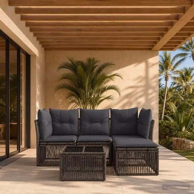 Set Divano da Giardino a L vidaXL in Polyrattan Grigio con Cuscini e Tavolino da 5 Pezzi