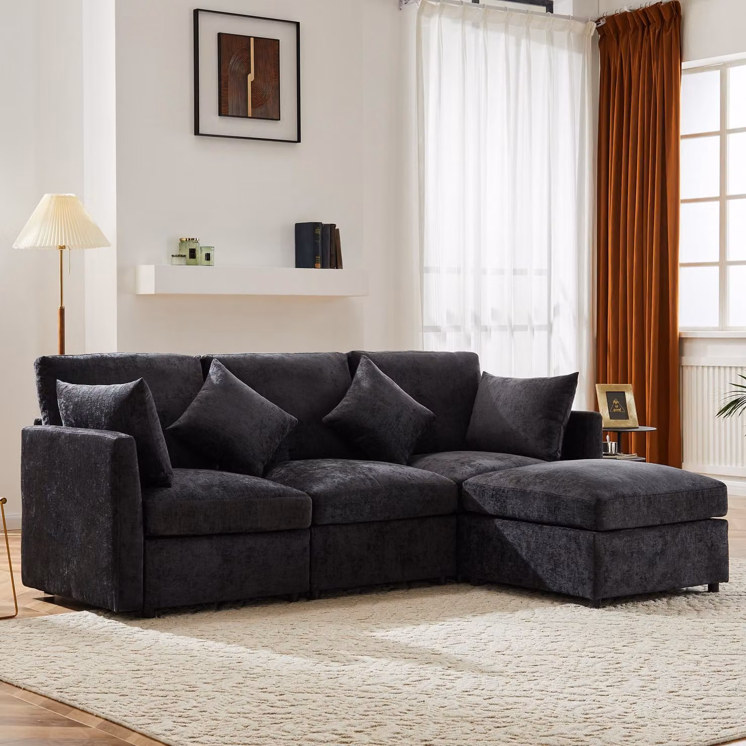 Divano angolare Merax, divano a L con funzione letto, divano 3-4 posti Soffa con 4 cuscini, divano da salotto, set di divani, tessuto ciniglia, grigio