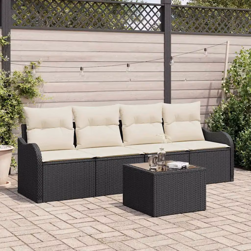 Set Divano da Giardino vidaXL 5 Pezzi a Forma di U con Tavolino, Colore Nero e Beige – 1