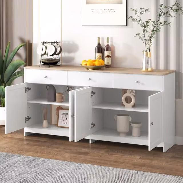 Credenza e madia con 4 ante 3 cassetti e ripiani regolabili in MDF bianca e color legno per soggiorno 160 × 37 × 75 cm