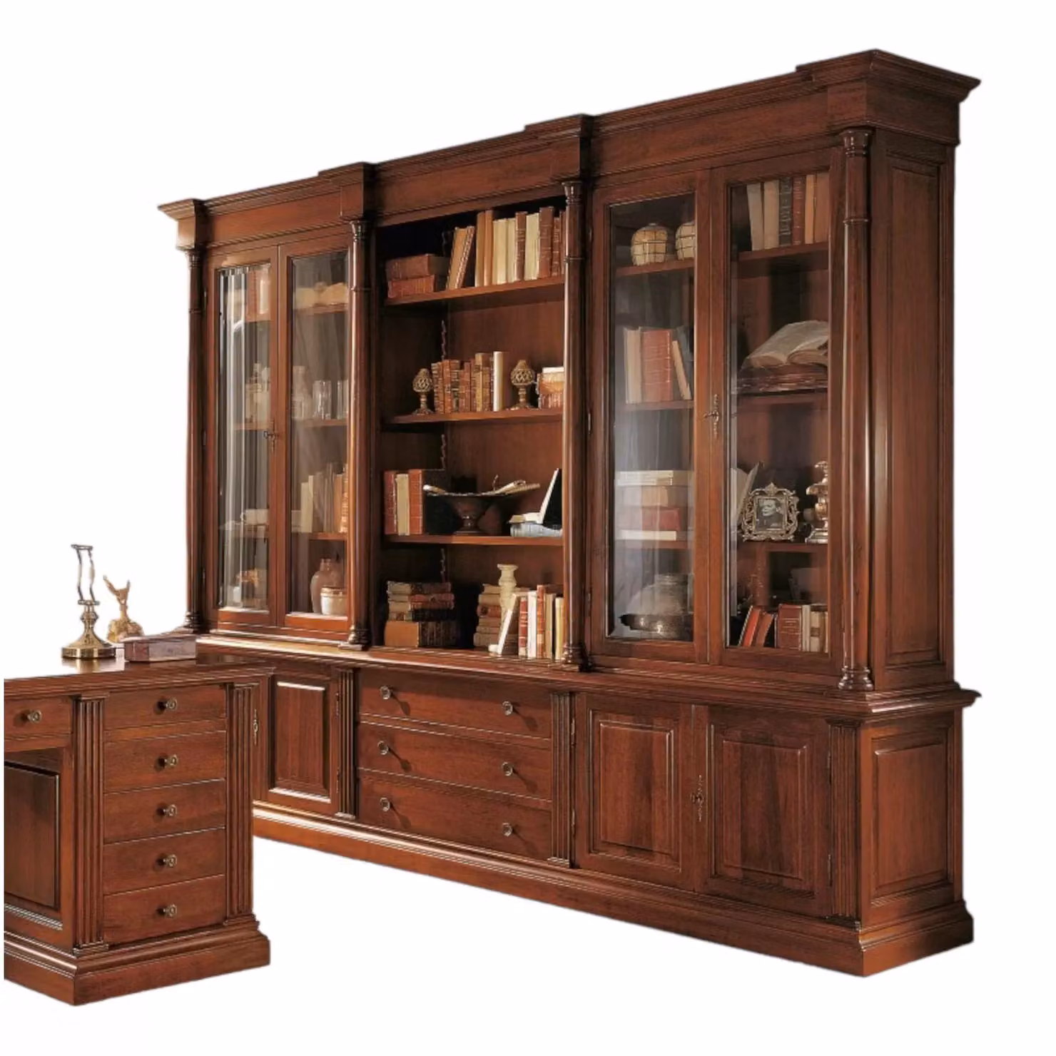 Libreria studio classica Bassano in legno con ante in vetro Mobili 2G L: 306 cm, P: 56 cm, H: 240 cm, colore marrone – 1