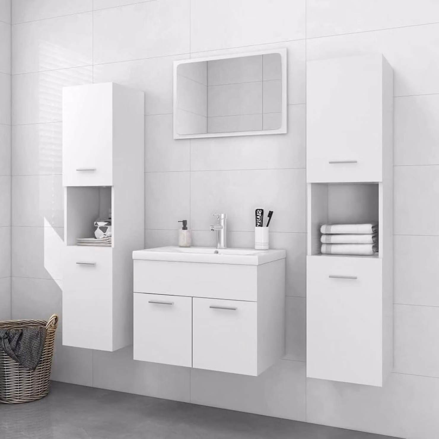 Set di mobili da bagno - Mobile bagno - Mobile lavabo - Armadio alto - Specchio - Lavabo in Vetroceramica da incasso