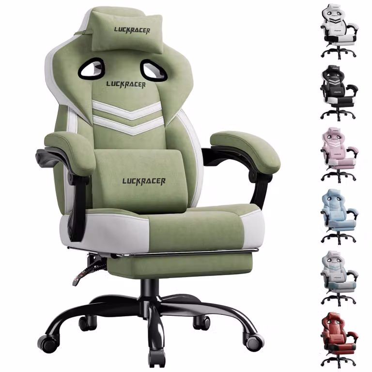 LUCKRACER sedia da gioco, sedia da ufficio con braccioli collegati, cuscino in memory foam, angolo di inclinazione di 90-155° e poggiapiedi, tessuto funzionale e resistente