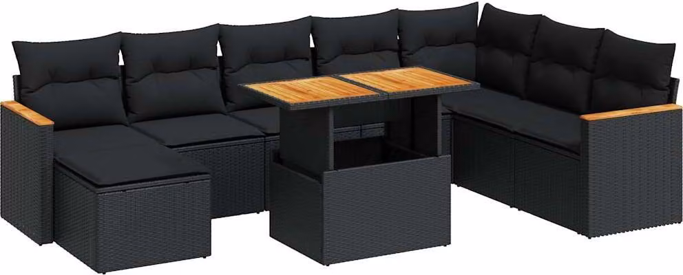 Set Divani da Giardino 9 pz con Cuscini Nero Polyrattan Acacia