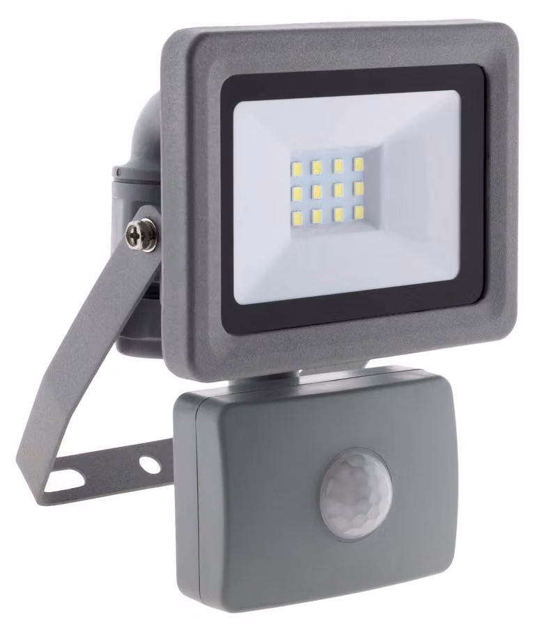 Faretto LED da esterno, 10W, 800 lumen, 6500K, grado di protezione IP44, con sensore di movimento, colore grigio