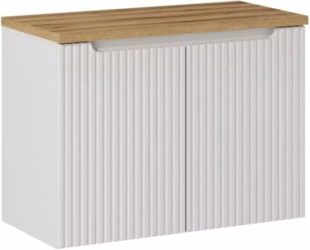 Set da bagno VANO bianco 80cm: mobile sotto lavabo con armadietti scanalati + piano per lavabo in aspetto rovere chiaro