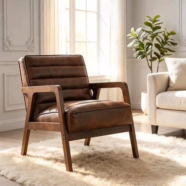 Poltrona da salotto vintage WISHDOR in ecopelle marrone con struttura in legno massello e braccioli – 1