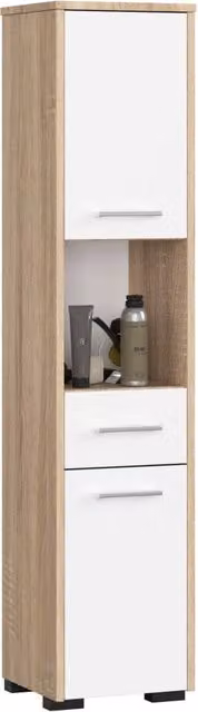 Colonna da bagno AKORD FIN Sonoma Quercia con 2 ante e 1 cassetto, inserto frontale bianco, L/P/H: 30 x 30 x 140 cm – 1