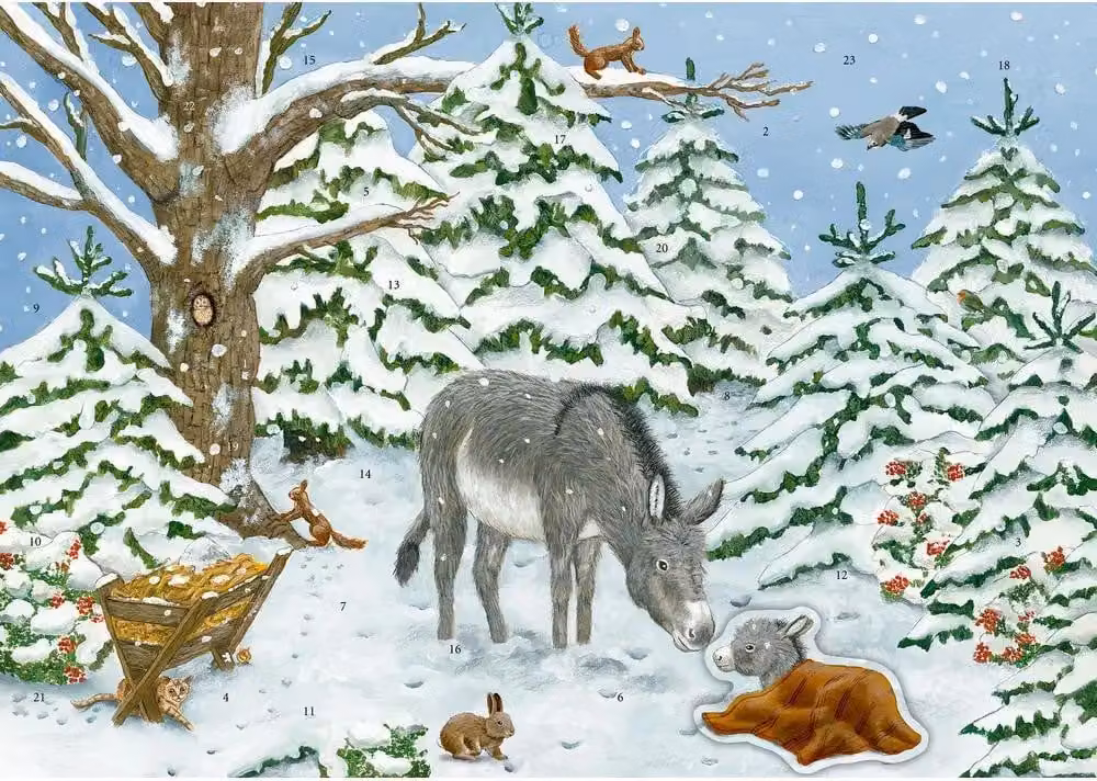 Calendario dell'Avvento con adesivi - Asino nella foresta invernale