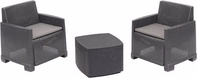 Trade Shop - Set Salotto Esterno Con 2 Poltrone Tavolino Contenitore Effetto Rattan Cuscini Giardino - Antracite