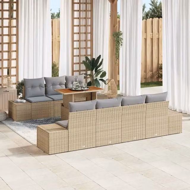 Set Divano da Giardino vidaXL 8 pz in Polyrattan Beige con Cuscini e Tavolino