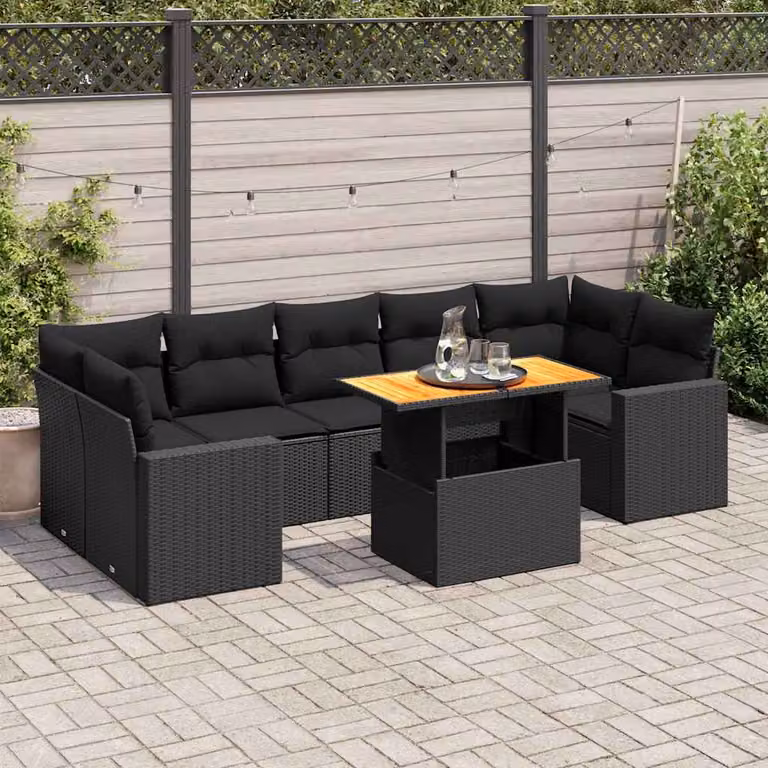 Set di divani da giardino vidaXL in polyrattan e legno di acacia oliato con 8 cuscini, colore nero