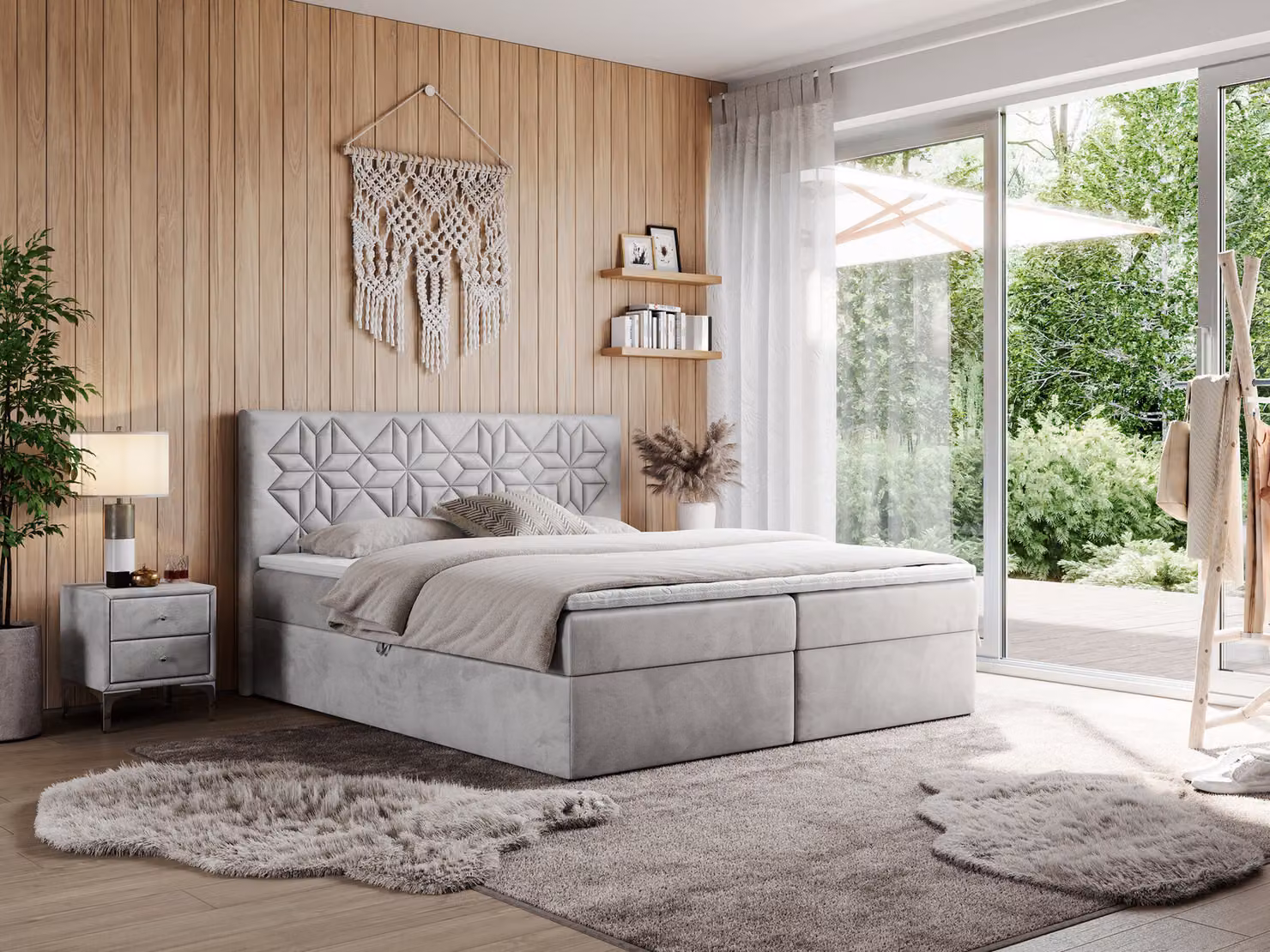 Letto matrimoniale con boxspring MKS MEBLE, 180x200 cm, completo di materasso H4, contenitore e topper. Letto imbottito 180x200 cm con testiera, modello Leila, in velluto color grigio chiaro - materasso H4