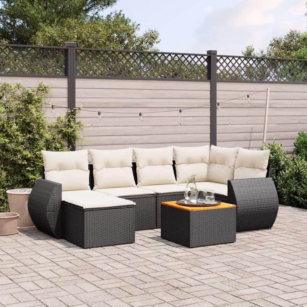 vidaXL Set Divano da Giardino a L con 7 Pezzi in Polyrattan Nero e Cuscini Imbottiti – 1