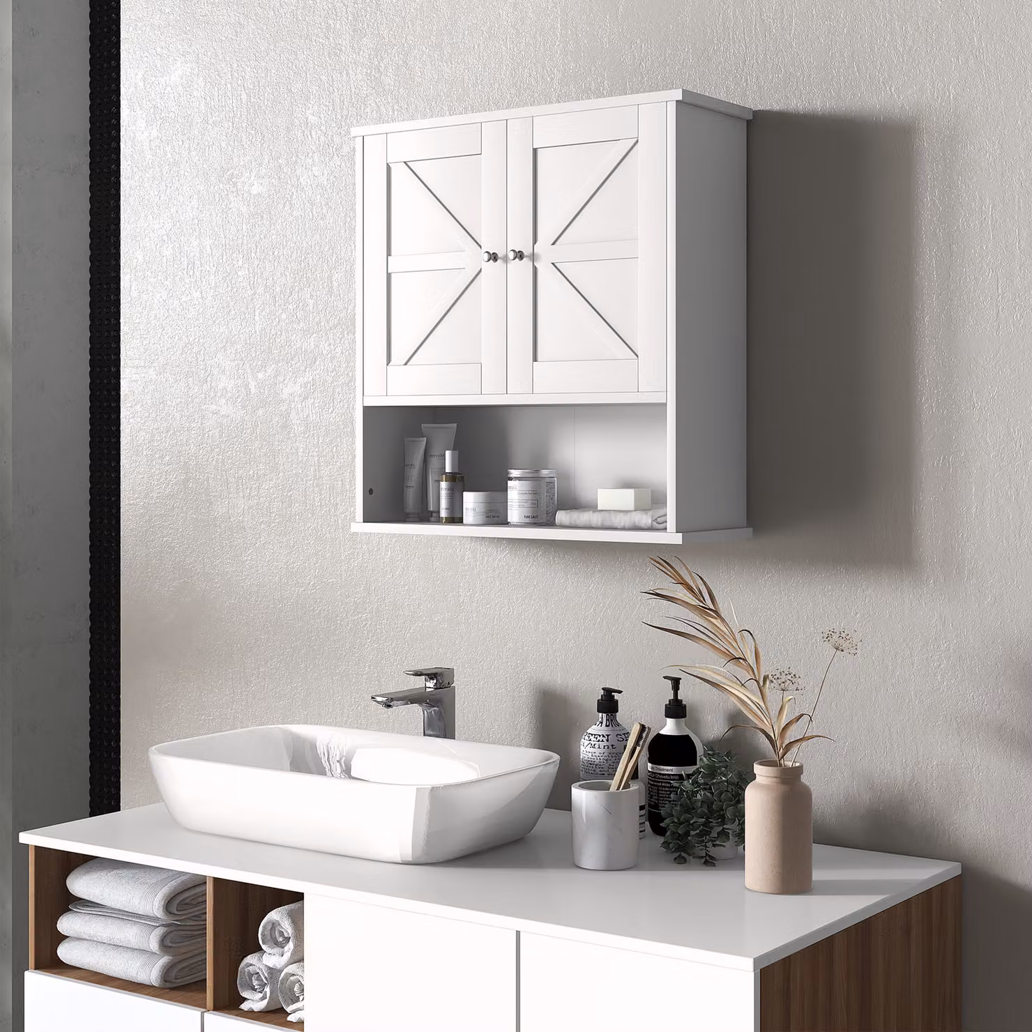 Armadietto da bagno da parete kleankin in stile rustico con 2 ante e ripiano regolabile, bianco – 2