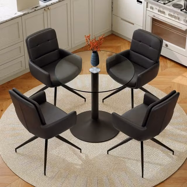 Set tavolo da pranzo rotondo Mivray con 4 sedie girevoli in vetro temperato e metallo, colore nero e trasparente