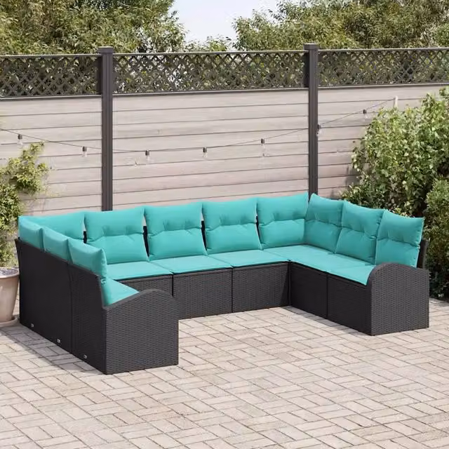 Set Divano da Giardino 9 pz Nero e Turchese polyrattan 3354875