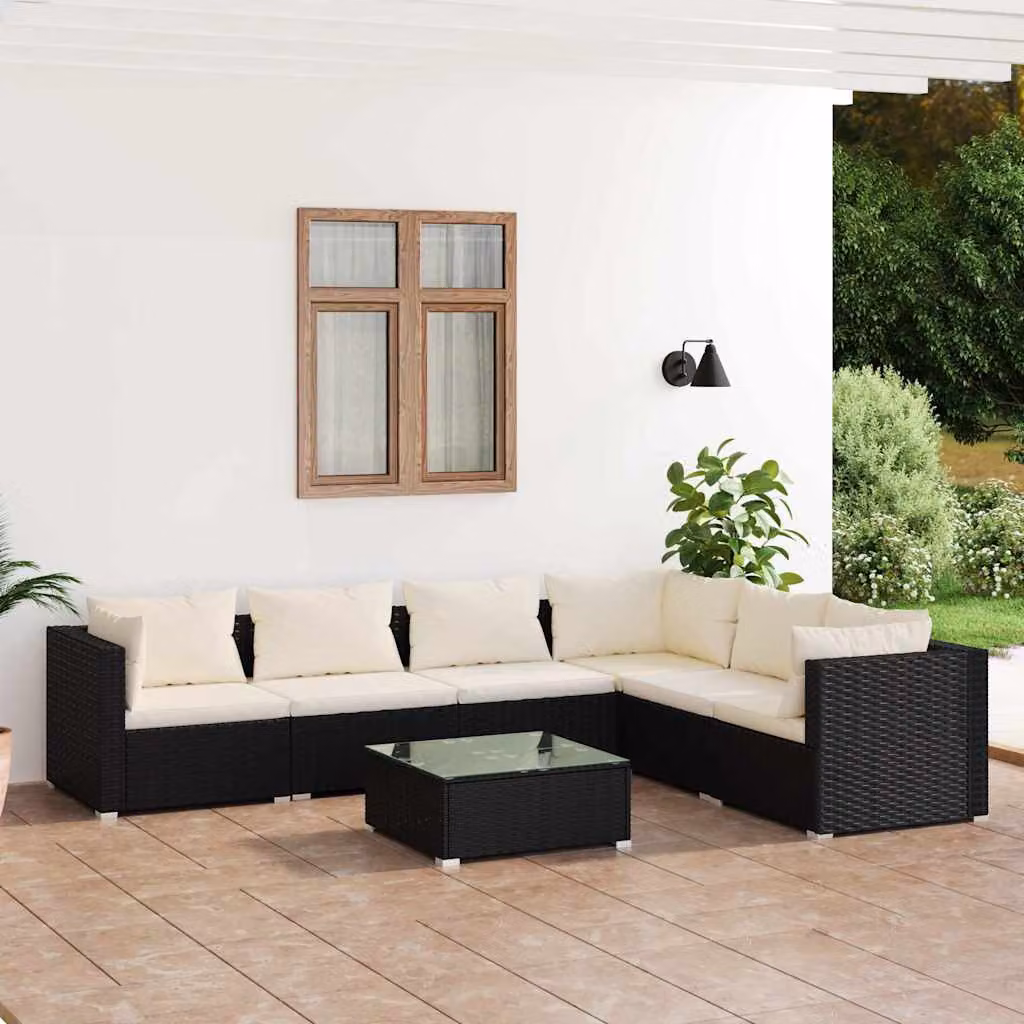 Set Salotto da Giardino vidaXL 7 Pezzi in Polyrattan Nero con Cuscini Beige e Struttura in Acciaio
