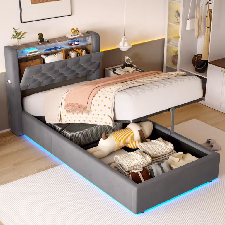 okwish Letto imbottito 90×200 con cassetto e luci LED, letto singolo con testiera contenitiva e vano portaoggetti, letto per ragazzi grigio scuro, materasso escluso