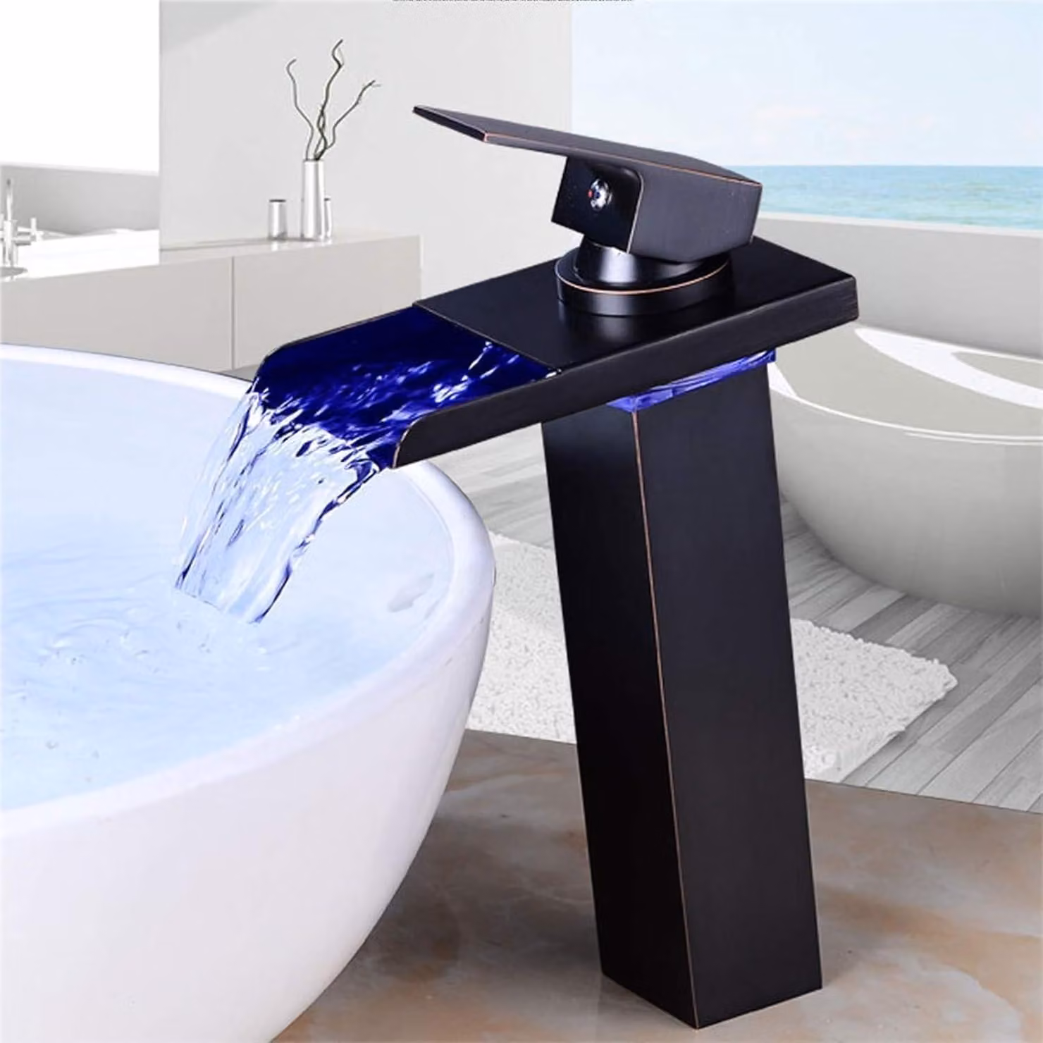 Rubinetto LED per bagno, miscelatore monocomando a cascata, colore nero, alta qualità