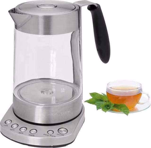 Bollitore 2 in 1 Proficook in vetro e acciaio inox trasparente con filtro per tè integrato, capacità 1,7 l, 3000 W