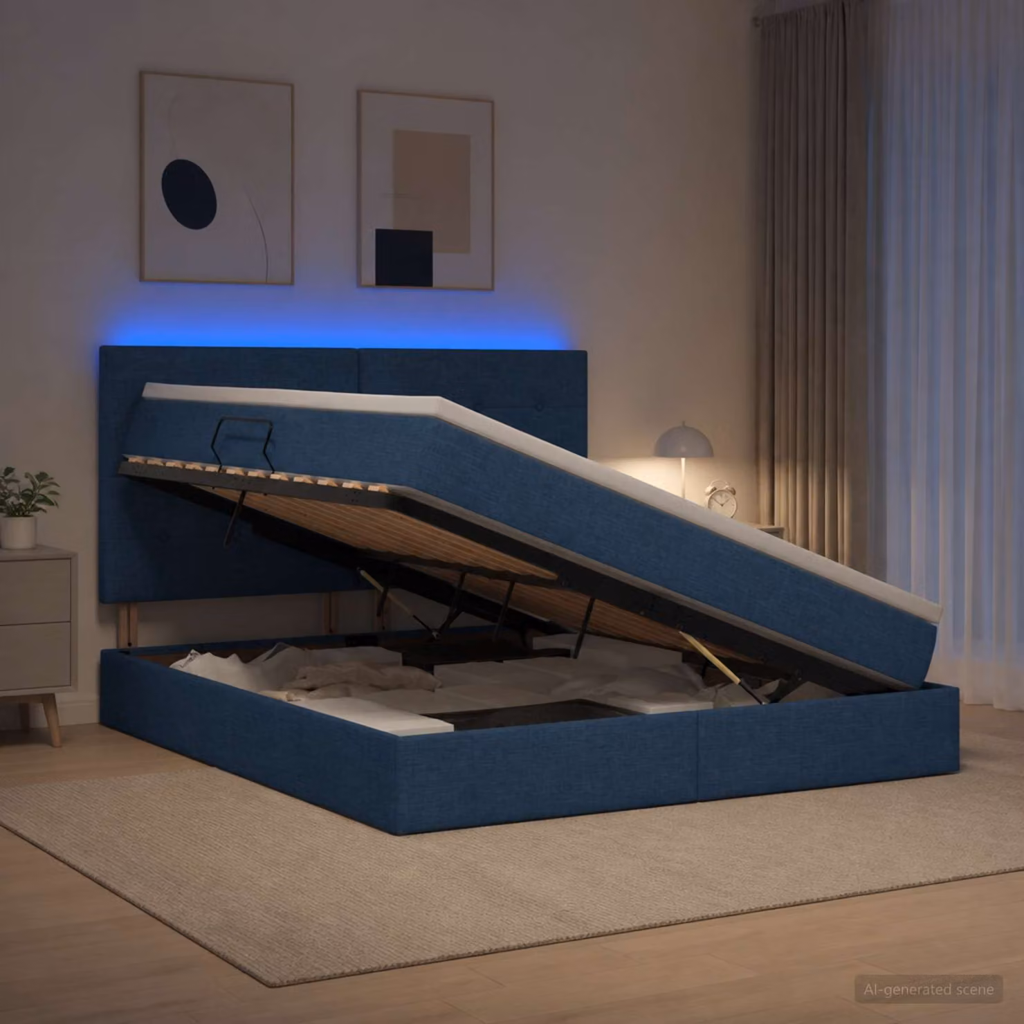 Letto con contenitore vidaXL in tessuto blu con illuminazione LED e porta USB, L/P/H: 160 x 200 x 128 cm