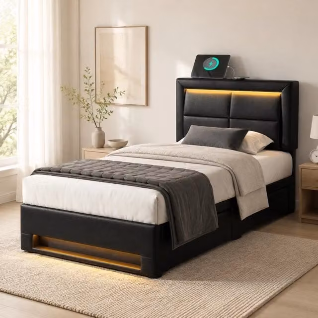 Letto 90x200 cm nero – LED, USB e 4 cassetti, senza materasso