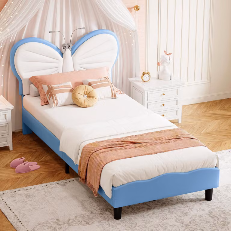 UnboxG Lettino 90x200 cm Bianco-Blu Finto cuoio con motivo a farfalle, regolabile in altezza, 2 lampade da lettura a LED