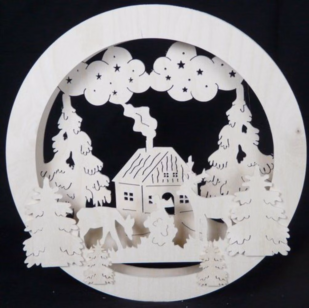 Pannello decorativo per finestra con motivo di cervi e illuminazione. Dimensioni: 32x32x4 cm. Nuovo