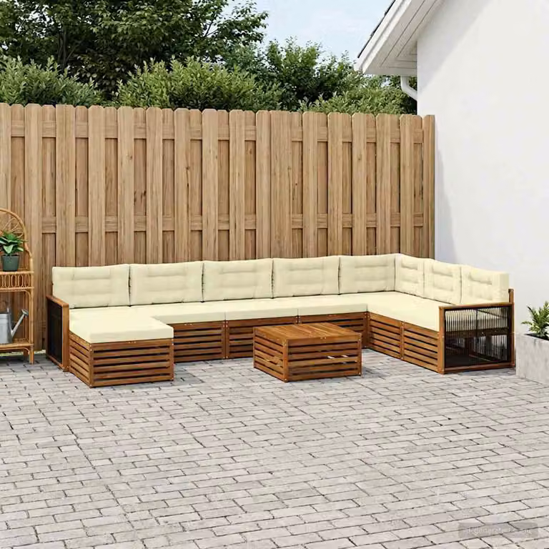 vidaXL Set di divani da esterno a L in legno di acacia con cuscini, colore marrone e beige, 9 pezzi