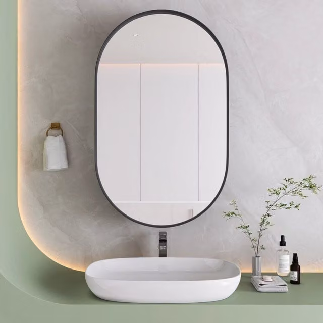 Mobile con specchio ovale da parete o incasso con 2 ripiani vetro regolabili, per bagno, metallo nero, 95 × 63 × 18 cm