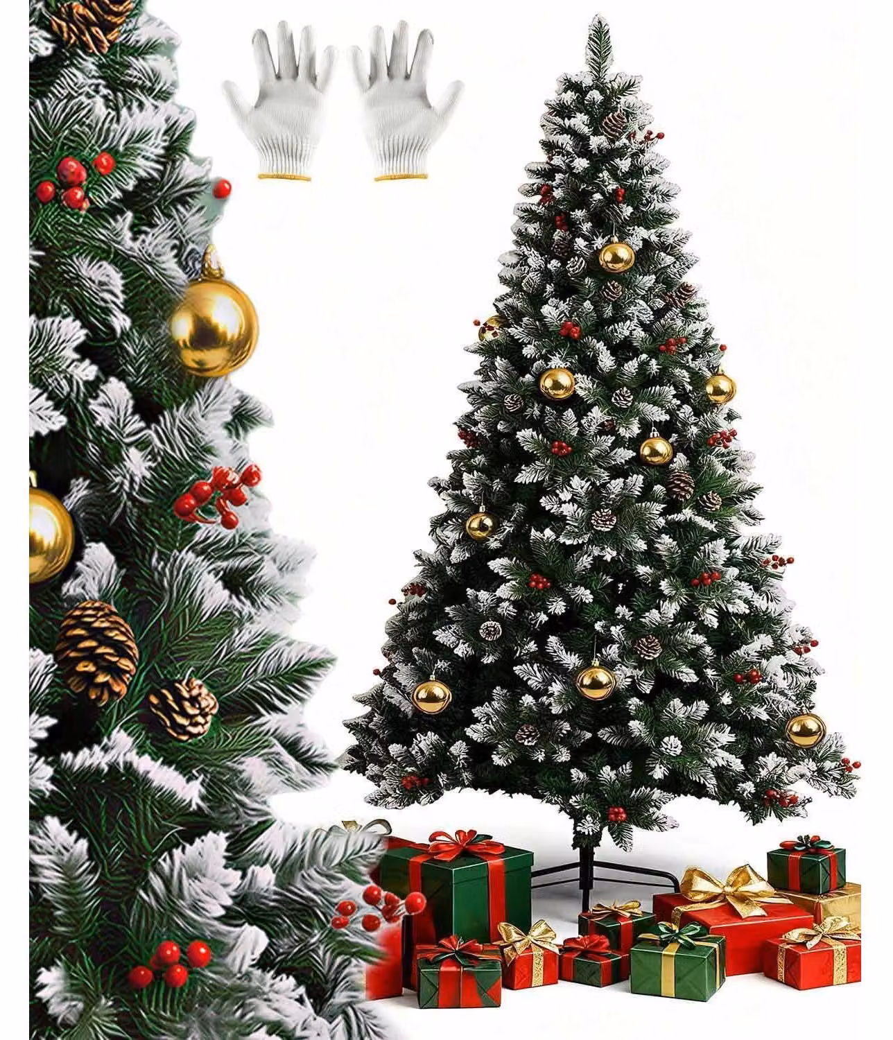 Albero di Natale artificiale, altezza 180 cm, con decorazioni effetto neve e supporto in metallo, 800 punte, colore verde