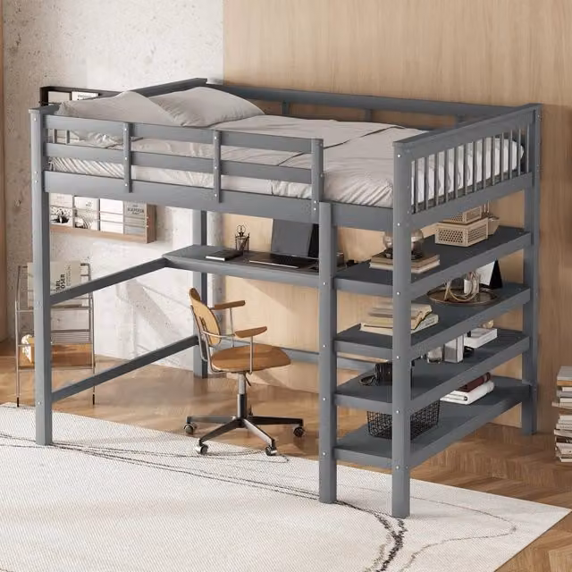 Letto a soppalco matrimoniale 140 × 200 cm con scrivania e ripiani, senza materasso, in pino e MDF, grigio