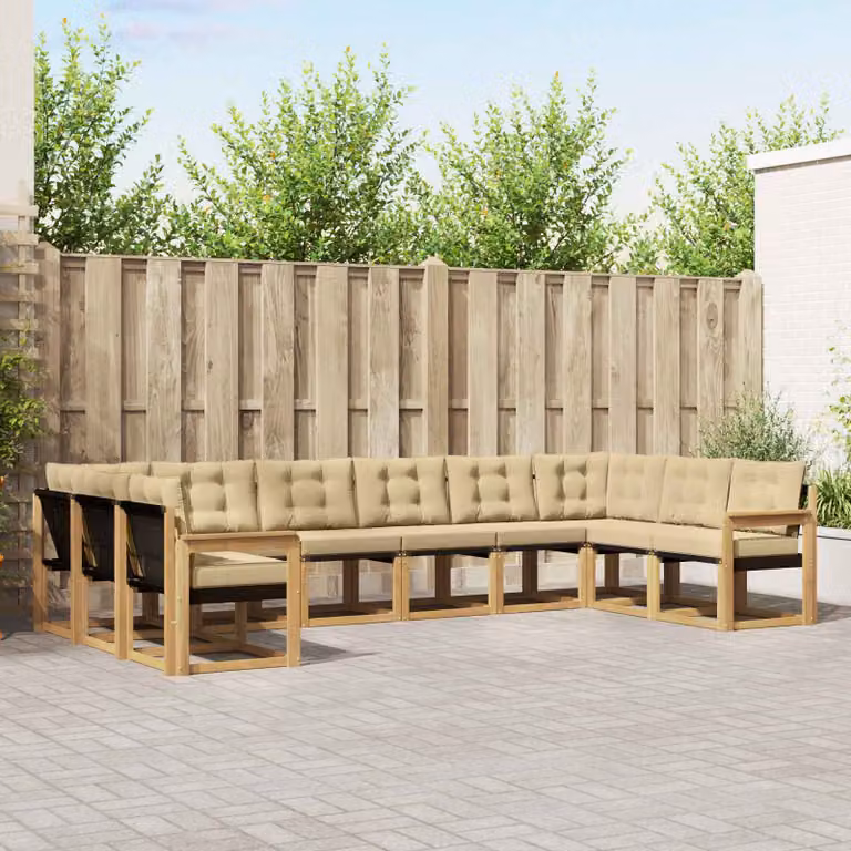 vidaXL Set di divani da esterno componibile a L in legno di acacia con cuscini, Bianco e Beige
