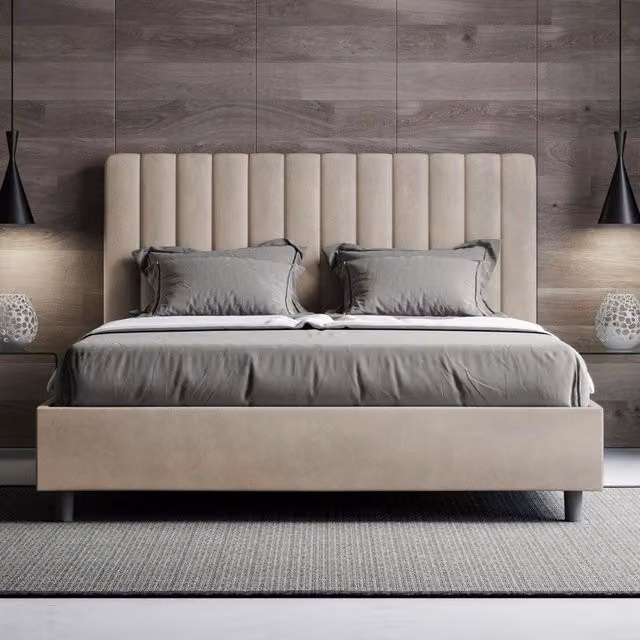 Letto imbottito moderno Ityhome Agueda in microfibra beige con rete, L/P/H: 130 x 200 x 122 cm