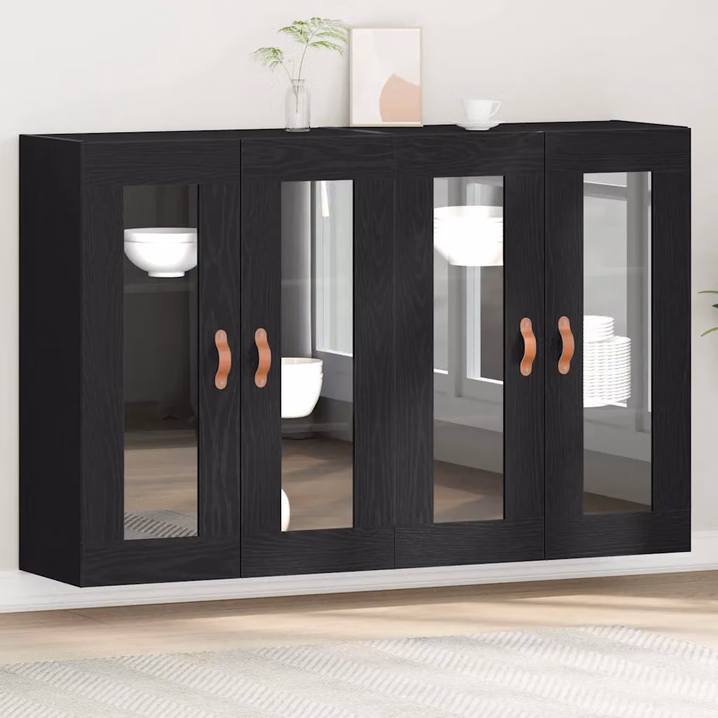 Set di 2 armadi da parete moderni vidaXL con ante in vetro e finitura nero opaco, L: 69,5 cm, P: 34 cm, H: 90 cm