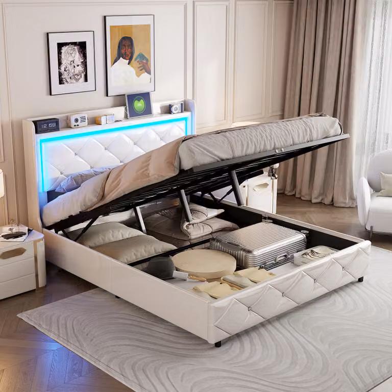 Letto imbottito 140x200 cm con porta USB, letto matrimoniale, letto contenitore con LED, ecopelle, struttura del letto, bianco
