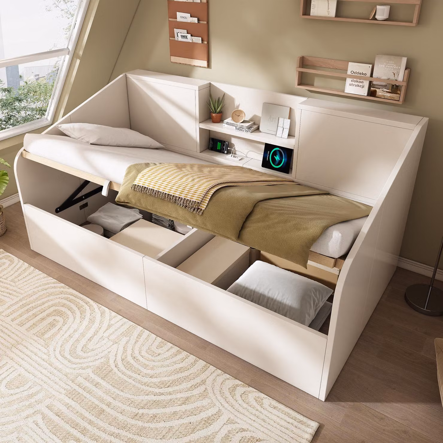 okwish divano letto 90x190 daybed con angoli arrotondati e tre porte USB, daybed letto per giovani con 2 ripiani e rete, bianco (senza materasso)