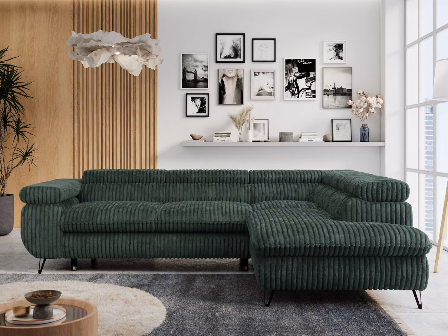 Divano angolare verde, zona giorno a L con funzione letto e box letto, divano letto con box letto, divano con poggiatesta regolabili, Peter L - Verde Corda - Verde Destra