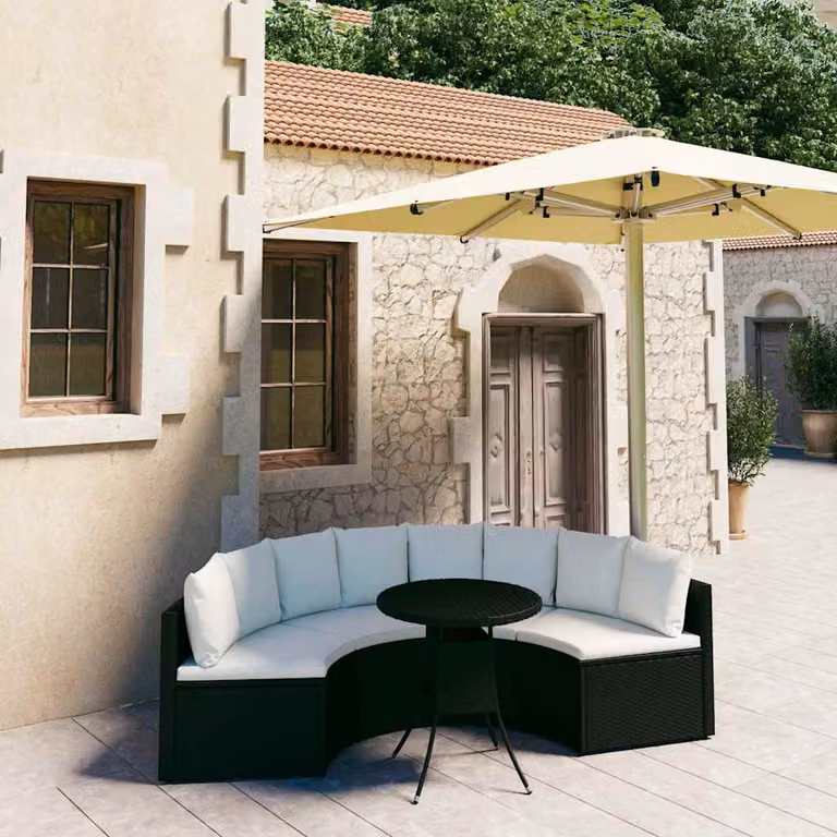 vidaXL Set Divani da Giardino 5 Pezzi a Forma di U con Cuscini e Tavolino da Caffè in Polyrattan e Metallo Nero e Bianco