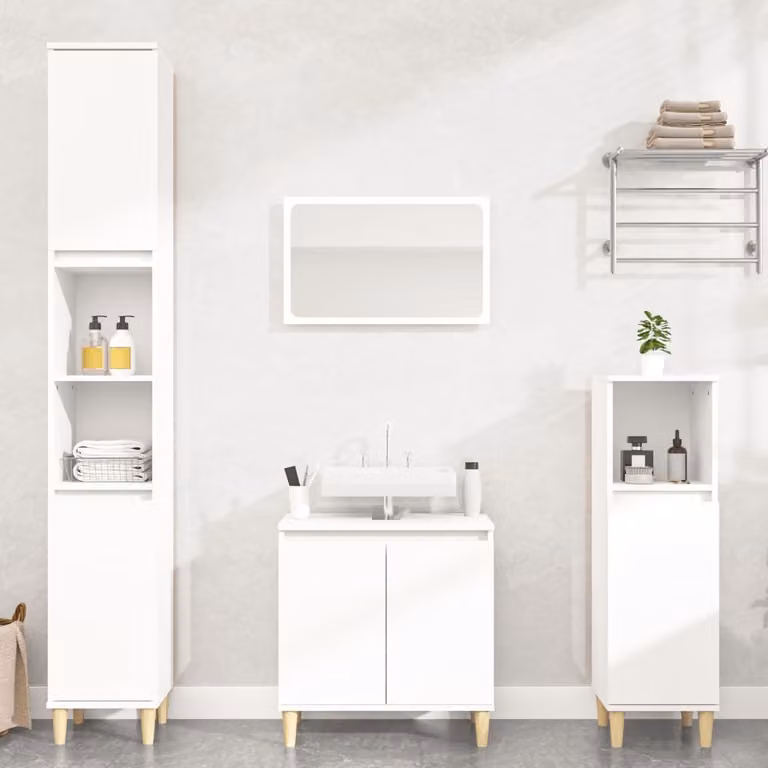 Set di mobili da bagno vidaXL in 3 pezzi bianco moderno in legno e MDF con mobile lavabo e armadietto laterale