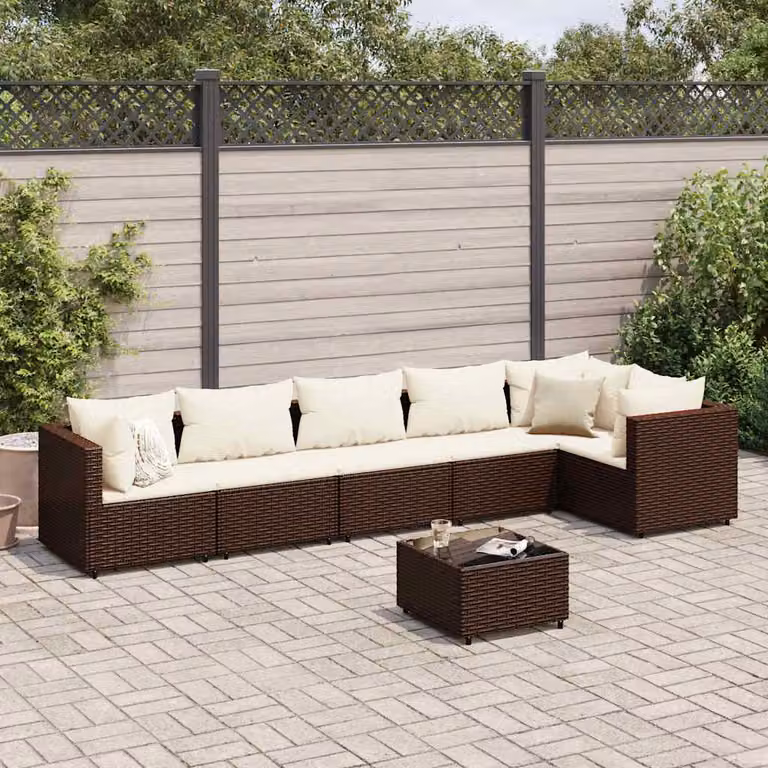 vidaXL Set Divani da Giardino 7 pz con Cuscini in Polyrattan e Tavolino Marrone e Bianco