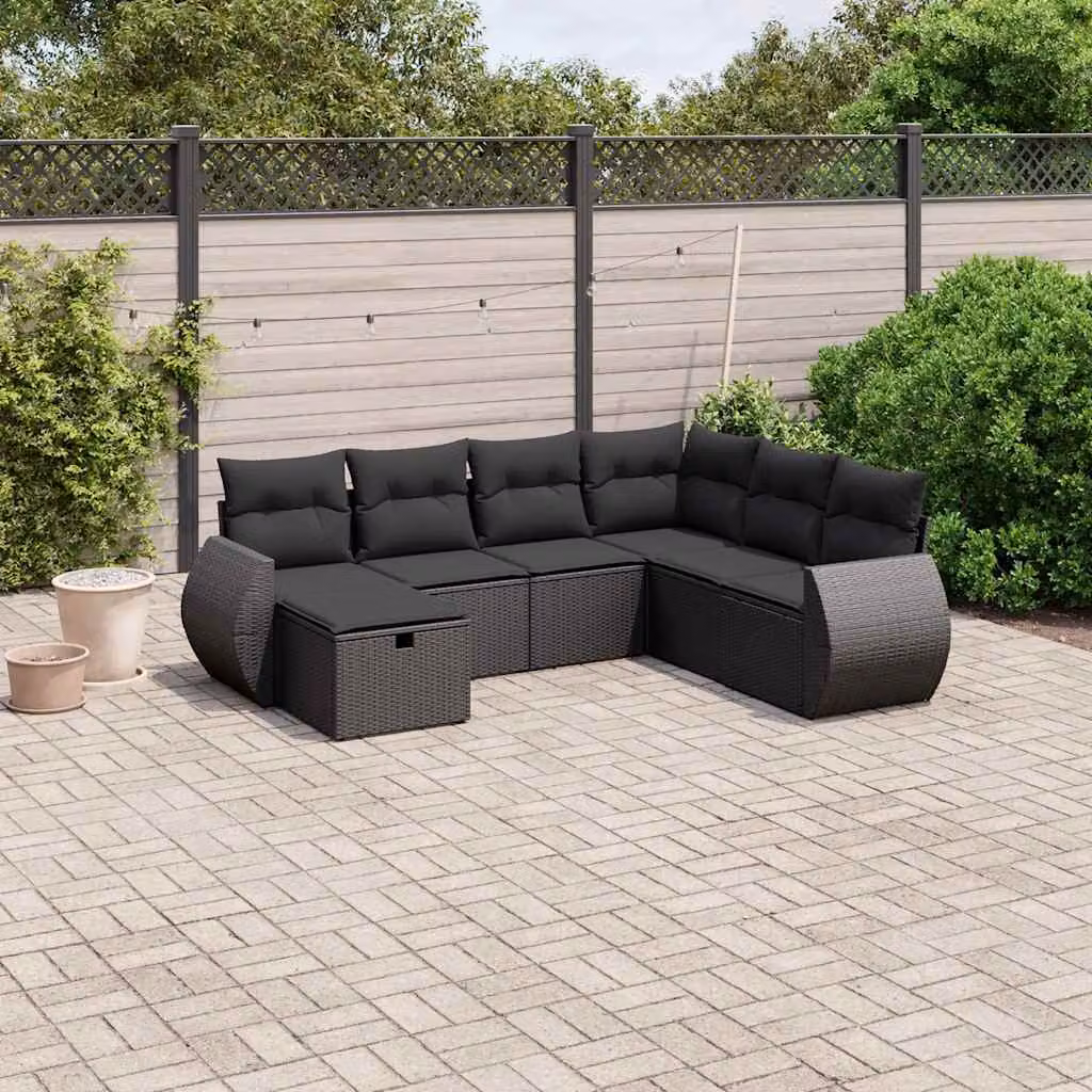Set Divani da Giardino a L vidaXL con 7 Cuscini Neri in Polyrattan e Acciaio – 1