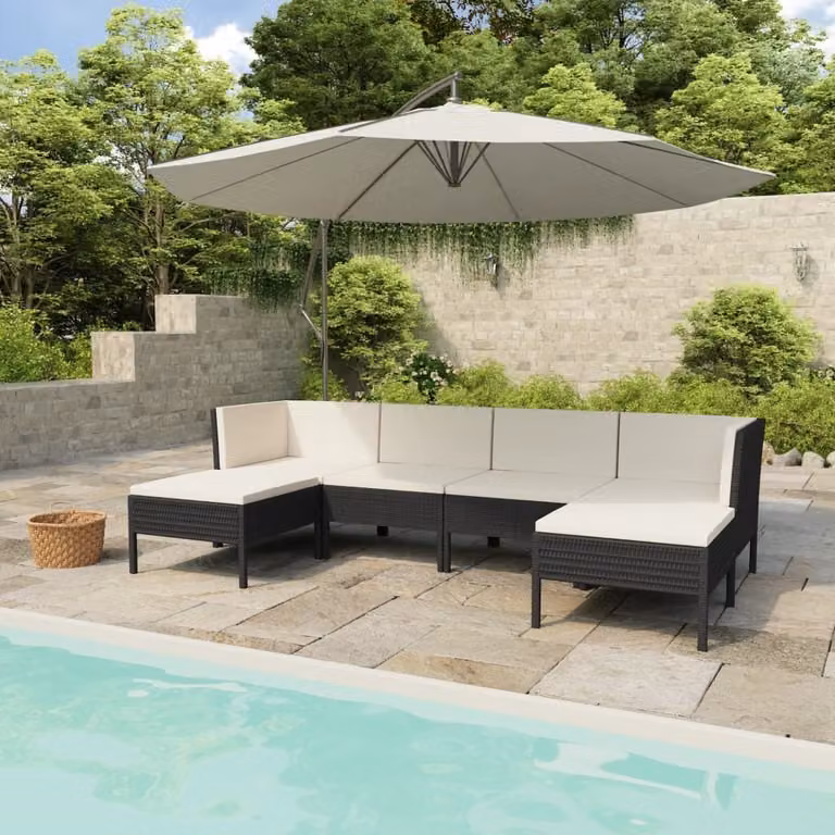 The Living Store Set da giardino da 6 pezzi con cuscini in poly rattan nero